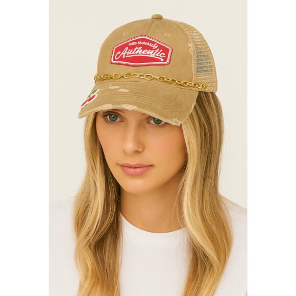 Vintage Distressed “Authentic” Trucker Hat with Gold Chain & Cherry Patch - Picture 1 of 7